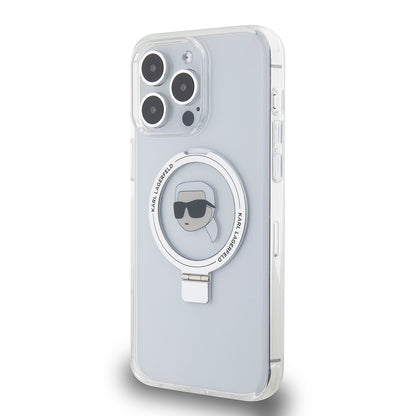 MagSafe Hülle für Apple iPhone 15 Pro Max, Karl Lagerfeld, Ring Stand Karl's Head, Weiß