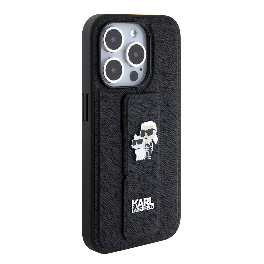 MagSafe Hülle für Apple iPhone 15 Pro Max, Karl Lagerfeld, Saffiano Gripstand Karl & Choupette, Schwarz