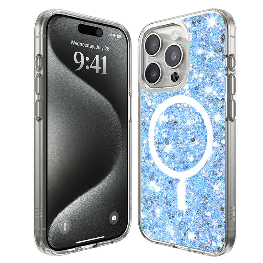 MagSafe-Hülle für Apple iPhone 15 Pro, Techsuit, Funkelnder Glitzer, Blau