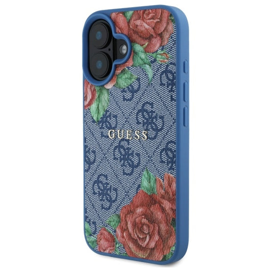 MagSafe Hülle für Apple iPhone 16, Guess, 4G Flowers Print, Blau