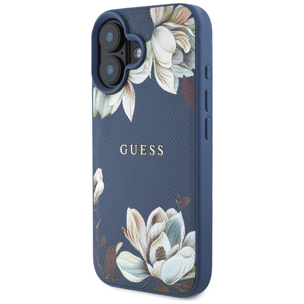 MagSafe Hülle für Apple iPhone 16, Guess, Grained Flowers, Blau