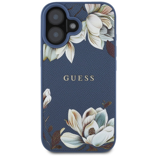 MagSafe Hülle für Apple iPhone 16, Guess, Grained Flowers, Blau