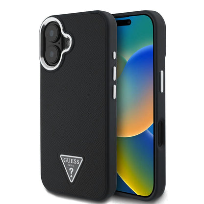 MagSafe Hülle für Apple iPhone 16, Guess, Grained Triangle Logo, Schwarz