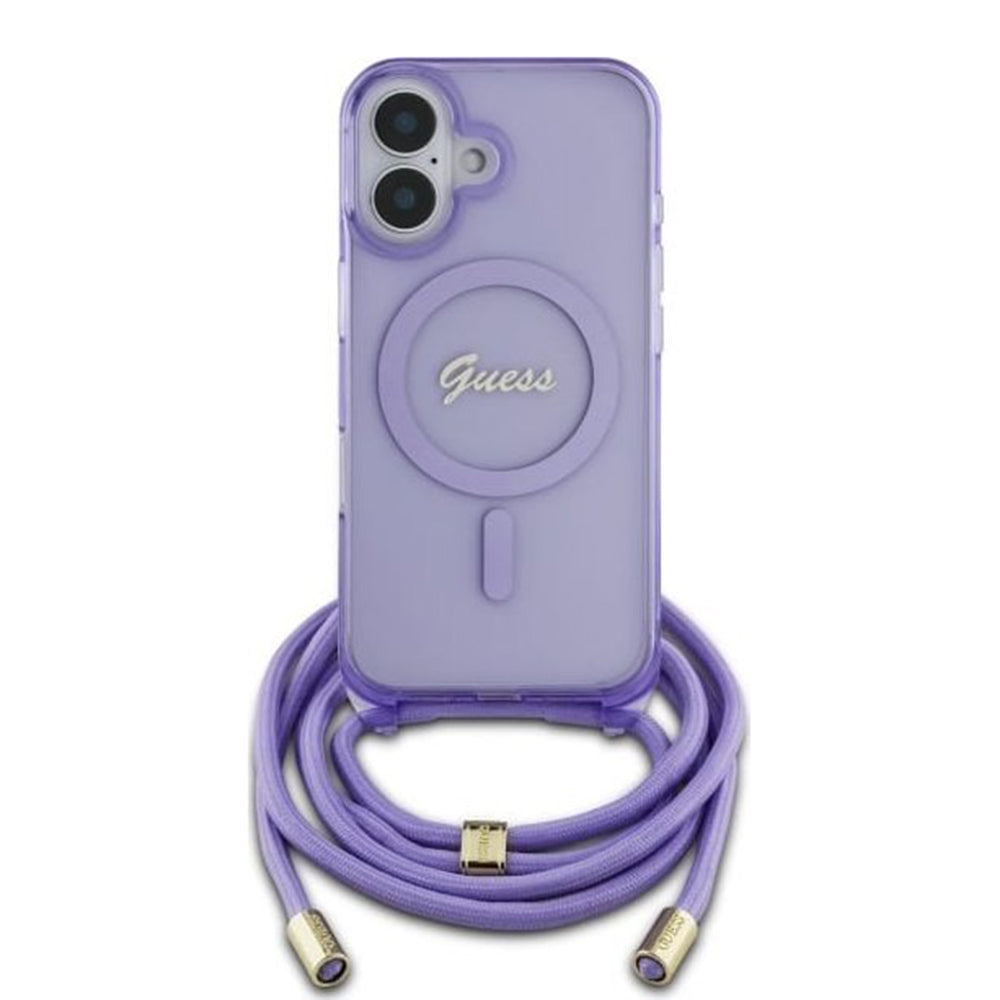 MagSafe Hülle für Apple iPhone 16, Guess, IML Crossbody Cord Script, Lila