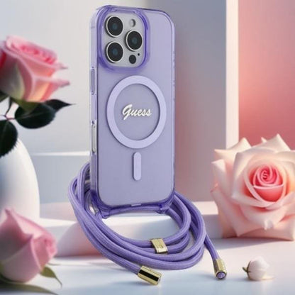 MagSafe Hülle für Apple iPhone 16, Guess, IML Crossbody Cord Script, Lila