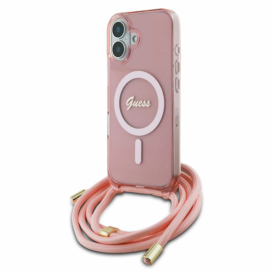 MagSafe Hülle für Apple iPhone 16, Guess, IML Crossbody Cord Script, Rosa