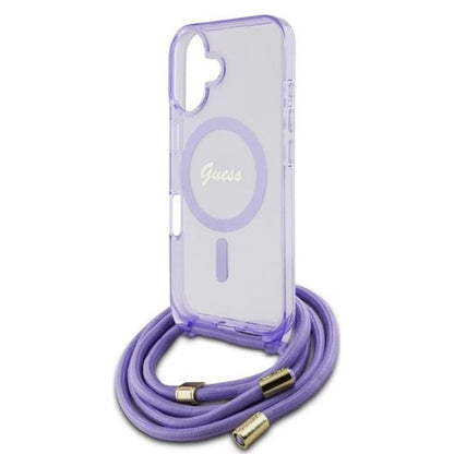 MagSafe Hülle für Apple iPhone 16, Guess, IML Crossbody Cord Script, Rosa