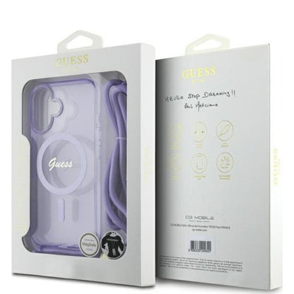 MagSafe Hülle für Apple iPhone 16, Guess, IML Crossbody Cord Script, Rosa