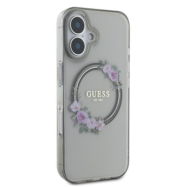 MagSafe Hülle für Apple iPhone 16, Guess, IML Flowers Wreath, Schwarz