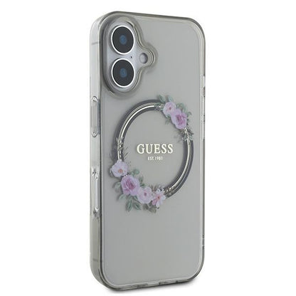 MagSafe Hülle für Apple iPhone 16, Guess, IML Flowers Wreath, Schwarz