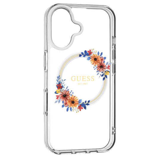 MagSafe Hülle für Apple iPhone 16, Guess, IML Flowers Wreath, Transparent