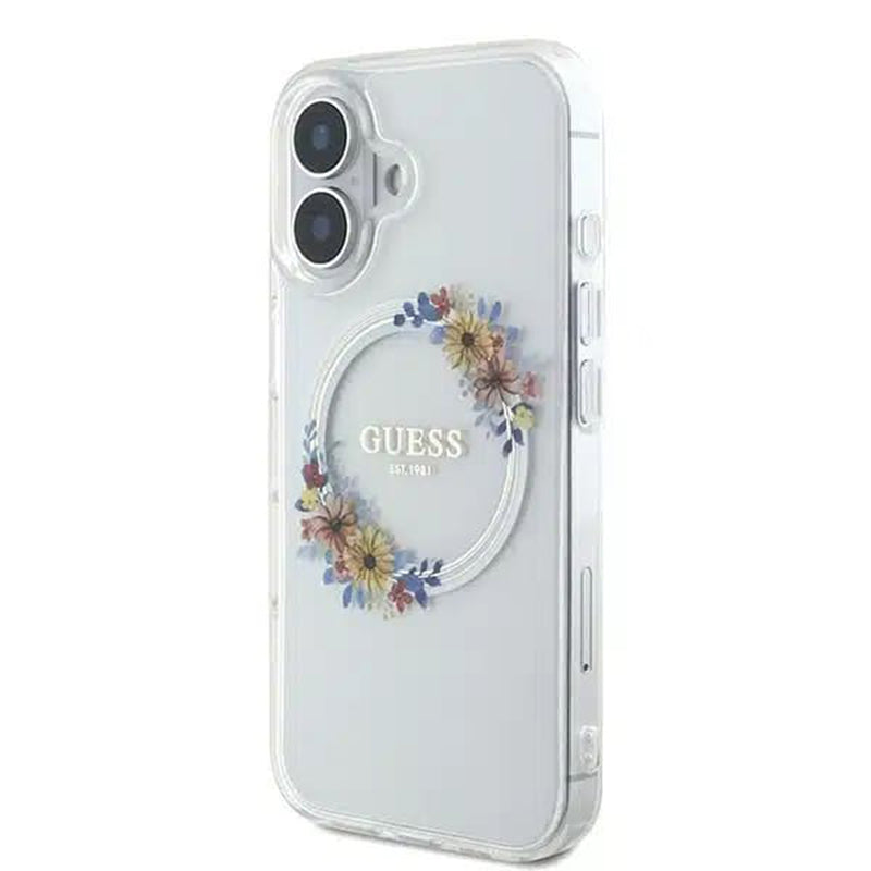 MagSafe Hülle für Apple iPhone 16, Guess, IML Flowers Wreath, Transparent