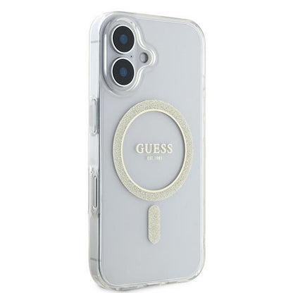 MagSafe Hülle für Apple iPhone 16, Guess, IML Glitter Circle, Transparent