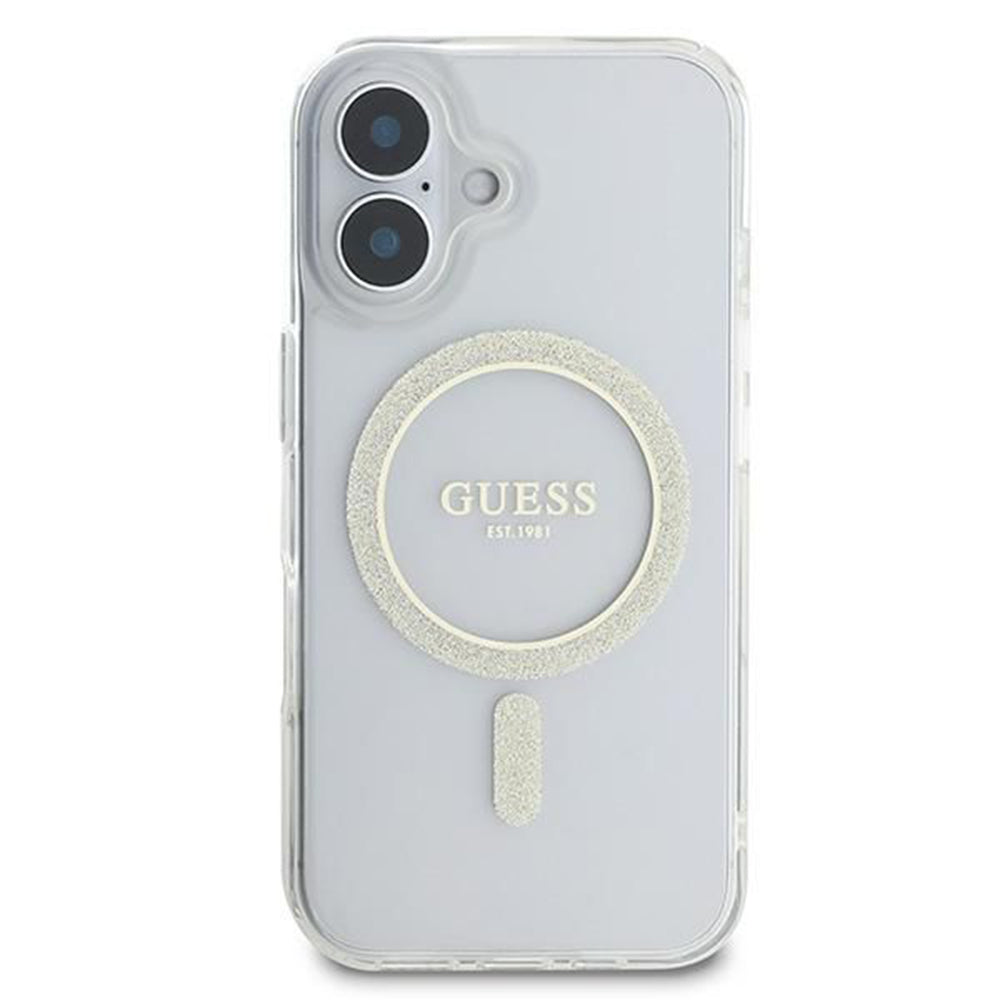 MagSafe Hülle für Apple iPhone 16, Guess, IML Glitter Circle, Transparent
