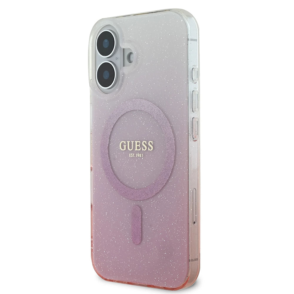 MagSafe Hülle für Apple iPhone 16, Guess, IML Glitter Gradient, Rosa