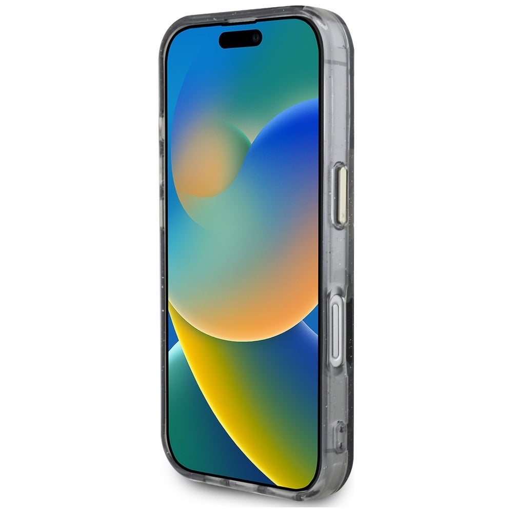 MagSafe Hülle für Apple iPhone 16, Guess, IML Metal Glitter Flowers Triangle, Schwarz