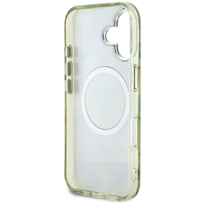 MagSafe Hülle für Apple iPhone 16, Guess, IML Metal Glitter Flowers Triangle, Grün