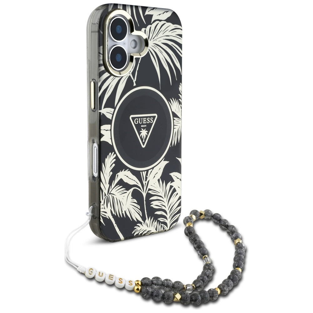 MagSafe Hülle für Apple iPhone 16, Guess, IML Palm Trees Triangle mit Perlenband, Schwarz