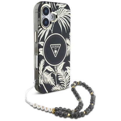 MagSafe Hülle für Apple iPhone 16, Guess, IML Palm Trees Triangle mit Perlenband, Schwarz