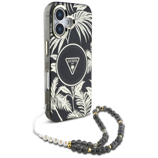 MagSafe Hülle für Apple iPhone 16, Guess, IML Palm Trees Triangle mit Perlenband, Schwarz