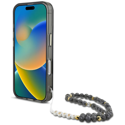 MagSafe Hülle für Apple iPhone 16, Guess, IML Palm Trees Triangle mit Perlenband, Schwarz