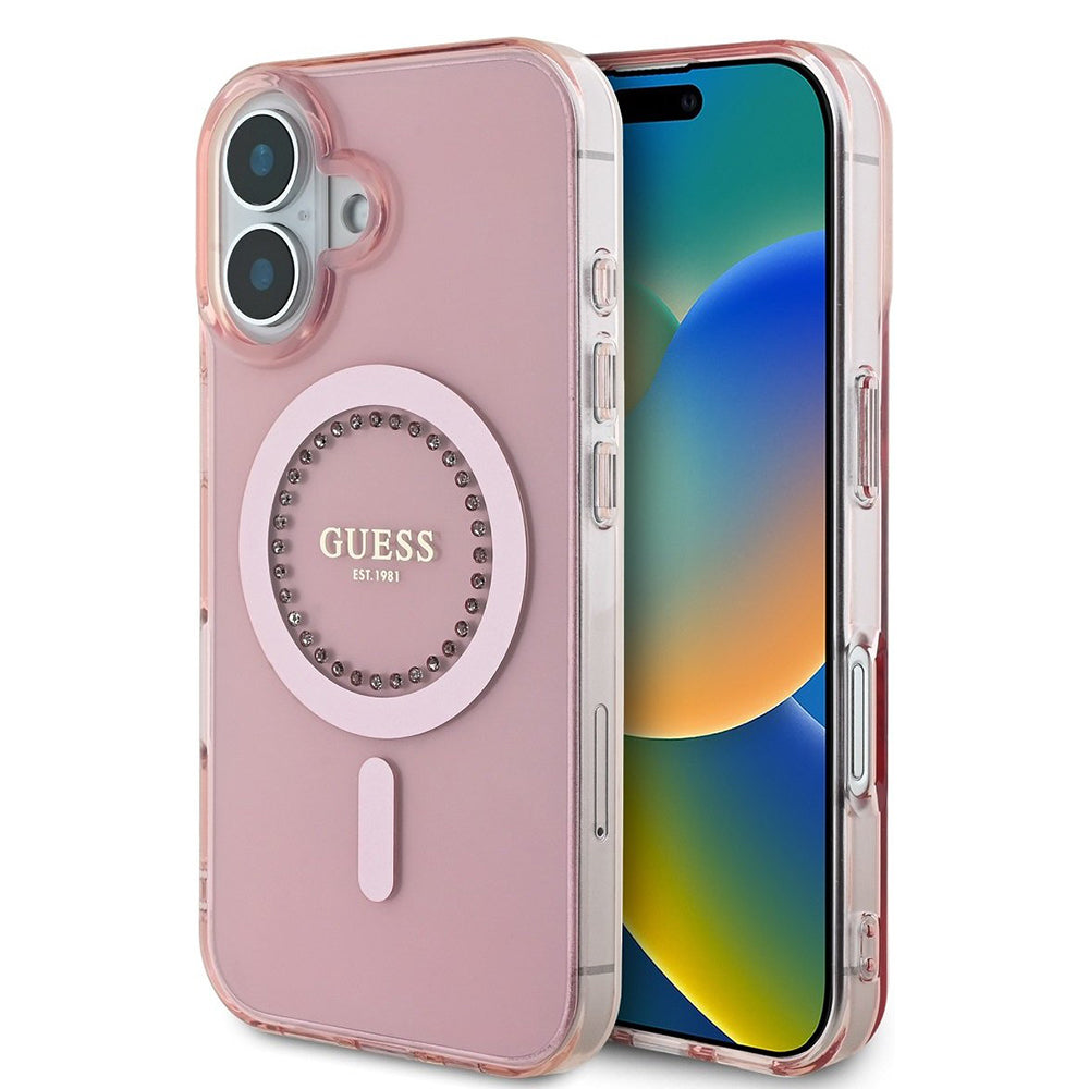 MagSafe Hülle für Apple iPhone 16, Guess, IML Rhinestones Ring, Rosa GUHMP16SPFTDTEP