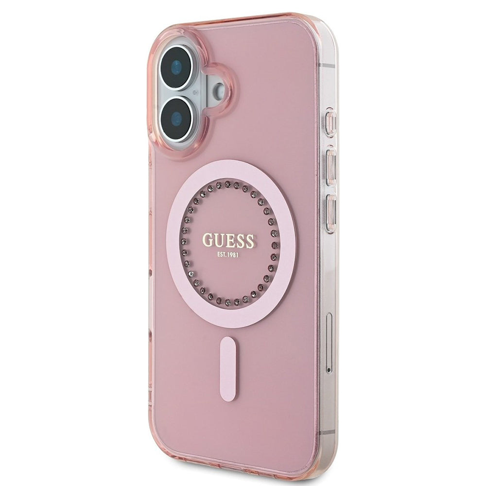 MagSafe Hülle für Apple iPhone 16, Guess, IML Rhinestones Ring, Rosa GUHMP16SPFTDTEP