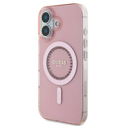 MagSafe Hülle für Apple iPhone 16, Guess, IML Rhinestones Ring, Rosa GUHMP16SPFTDTEP