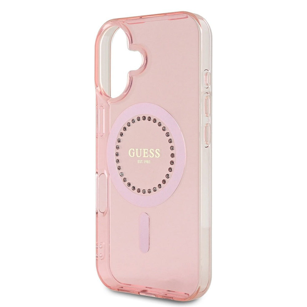 MagSafe Hülle für Apple iPhone 16, Guess, IML Rhinestones Ring, Rosa GUHMP16SPFTDTEP