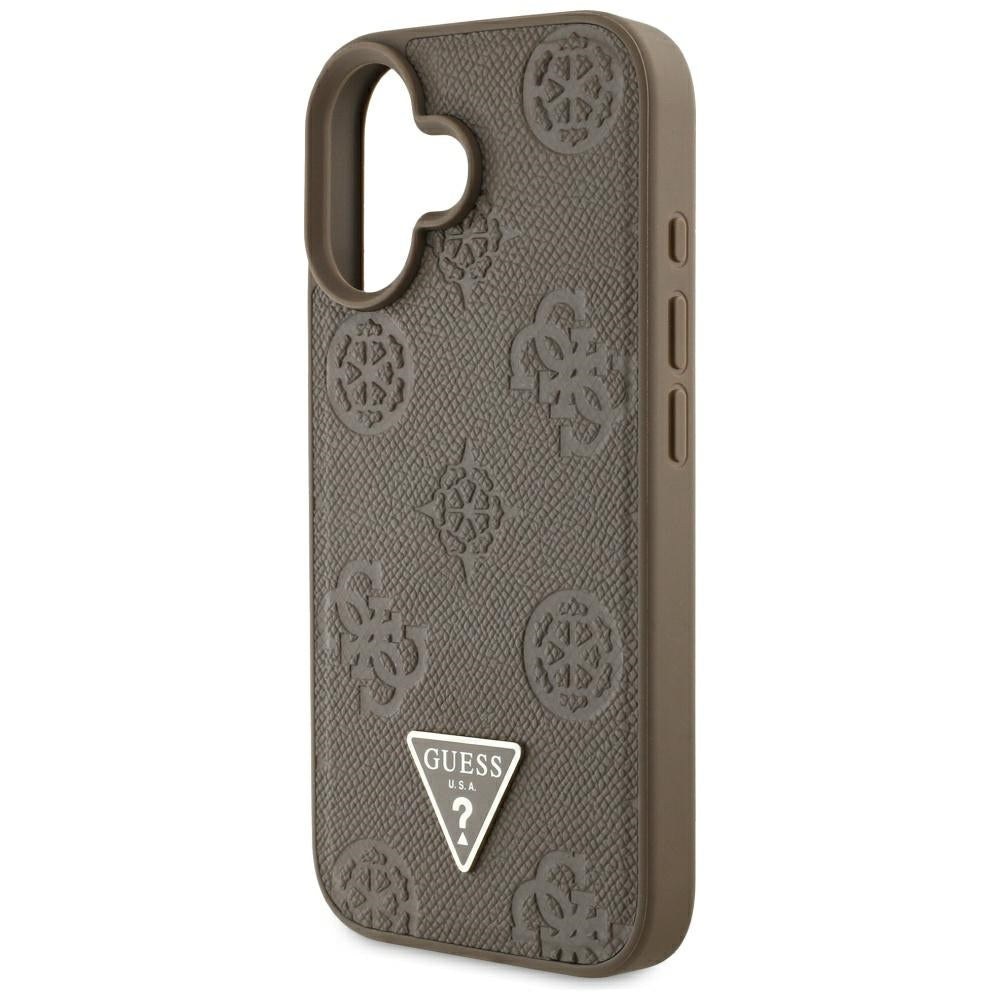 MagSafe Hülle für Apple iPhone 16, Guess, Peony Grained Hot Stamp Triangle, Braun
