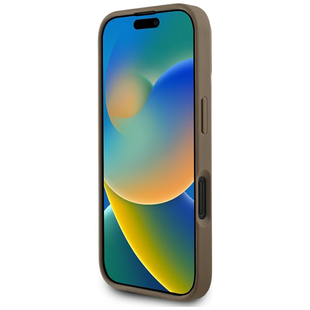 MagSafe Hülle für Apple iPhone 16, Guess, Peony Grained Hot Stamp Triangle, Braun