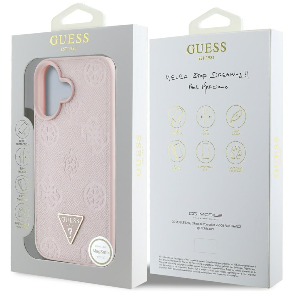 MagSafe Hülle für Apple iPhone 16, Guess, Peony Grained Hot Stamp Triangle, Rosa