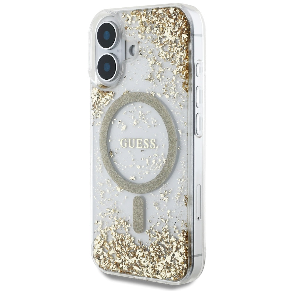 MagSafe Hülle für Apple iPhone 16, Guess, Resin Bottom Glitter, Gold