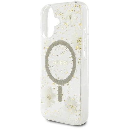 MagSafe Hülle für Apple iPhone 16, Guess, Resin Flowers and Glitter, Beige