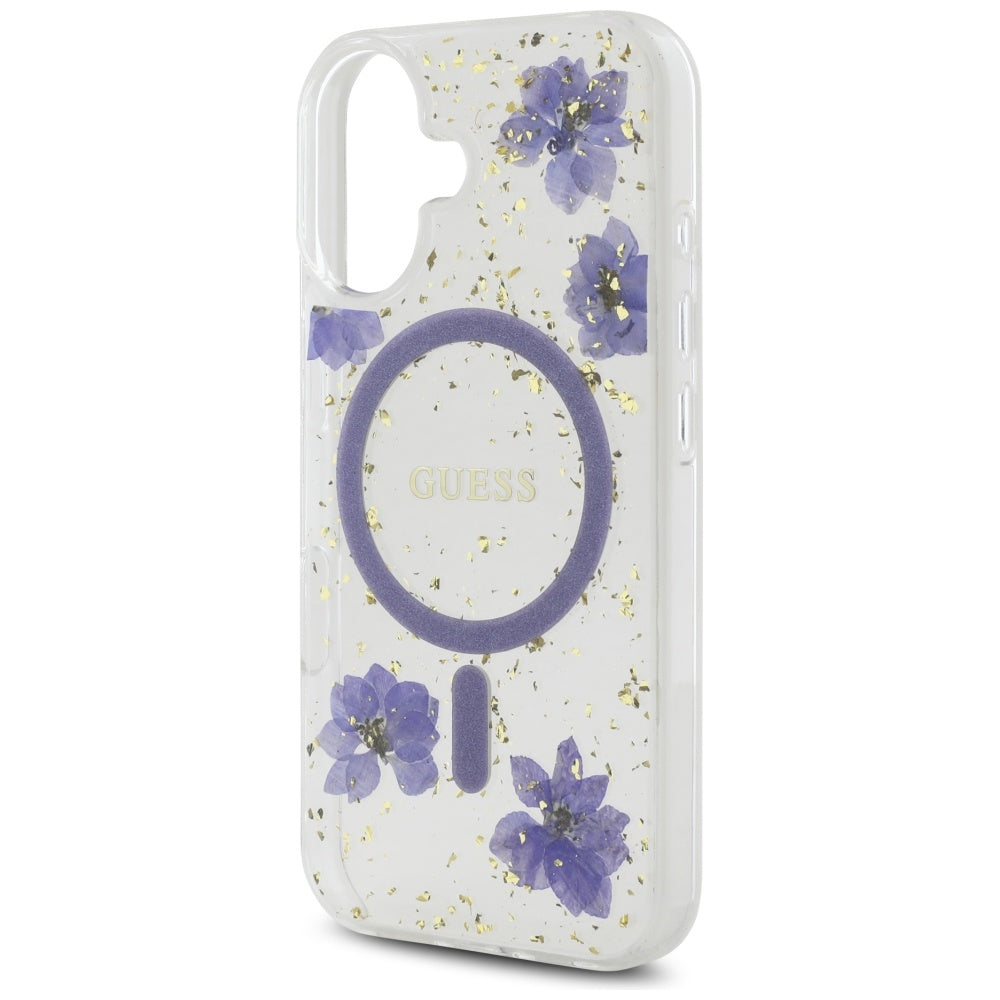 MagSafe Hülle für Apple iPhone 16, Guess, Resin Flowers and Glitter, Lila
