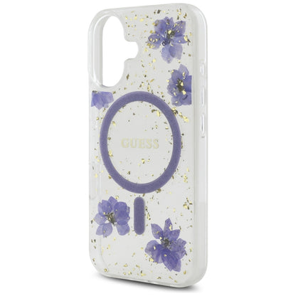 MagSafe Hülle für Apple iPhone 16, Guess, Resin Flowers and Glitter, Lila