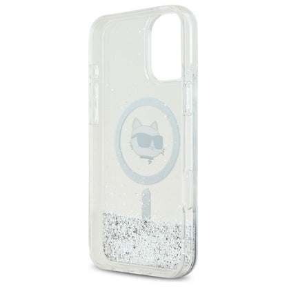 MagSafe Hülle für Apple iPhone 16, Karl Lagerfeld, Glitter Liquid Choupette Head, Transparent