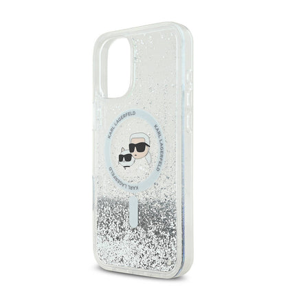 MagSafe Hülle für Apple iPhone 16, Karl Lagerfeld, Glitter Liquid Karl & Choupette's Heads, Transparent