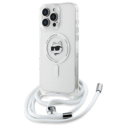 MagSafe Hülle für Apple iPhone 16, Karl Lagerfeld, IML Crossbody Choupette's Head mit Trageriemen, Transparent