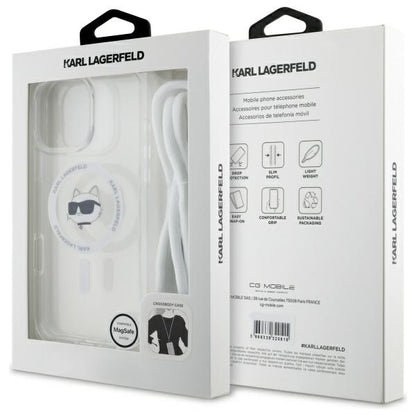 MagSafe Hülle für Apple iPhone 16, Karl Lagerfeld, IML Crossbody Choupette's Head mit Trageriemen, Transparent