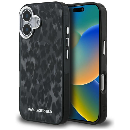 MagSafe Hülle für Apple iPhone 16, Karl Lagerfeld, IML Leopard Muster, Schwarz