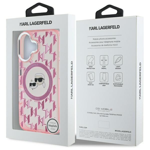 MagSafe Hülle für Apple iPhone 16, Karl Lagerfeld, IML Monogramm Karl & Choupette's Köpfe, Rosa