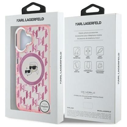 MagSafe Hülle für Apple iPhone 16, Karl Lagerfeld, IML Monogramm Karl & Choupette's Köpfe, Rosa