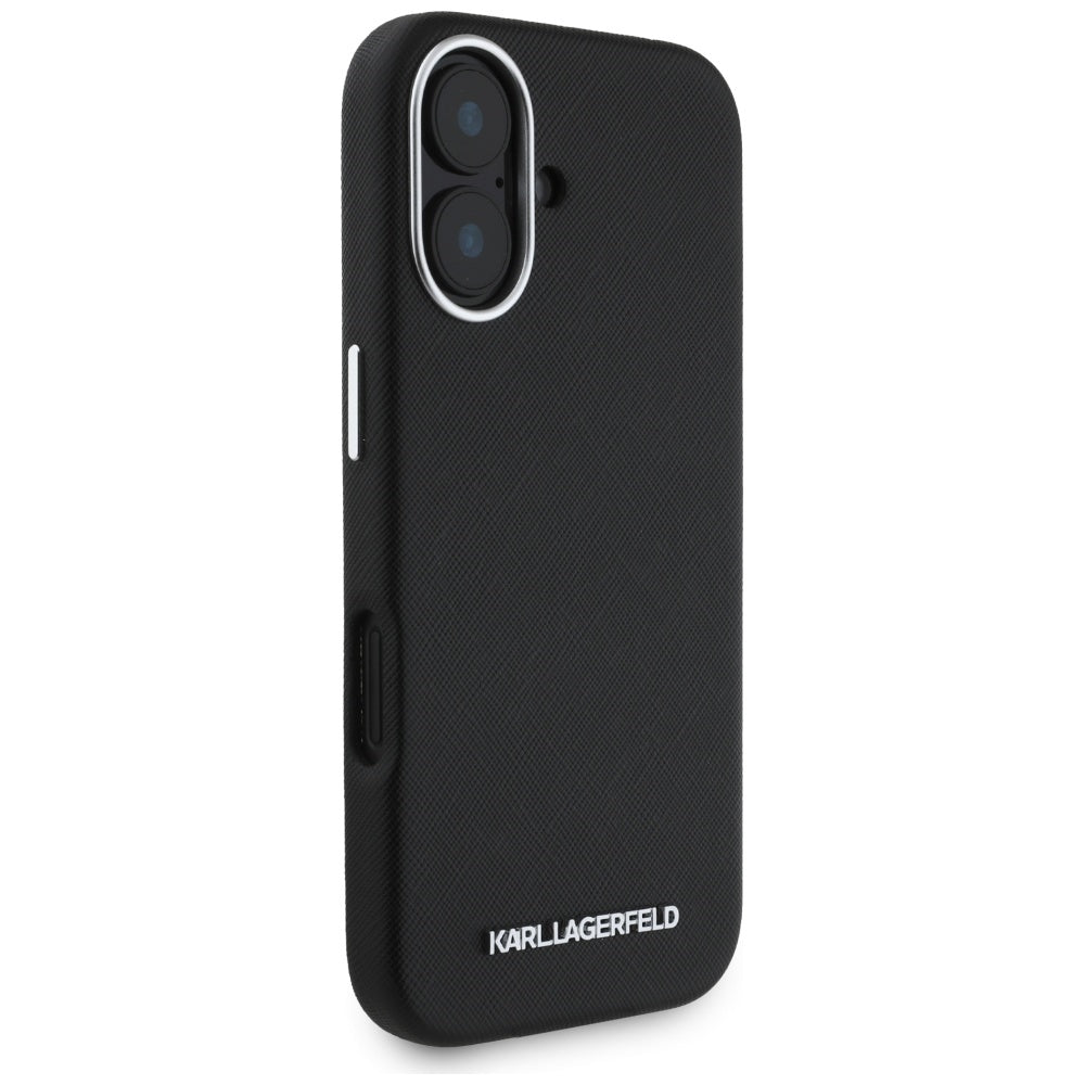 MagSafe Hülle für Apple iPhone 16, Karl Lagerfeld, Saffiano Full Wrapped Elongated Metal Logo, Schwarz