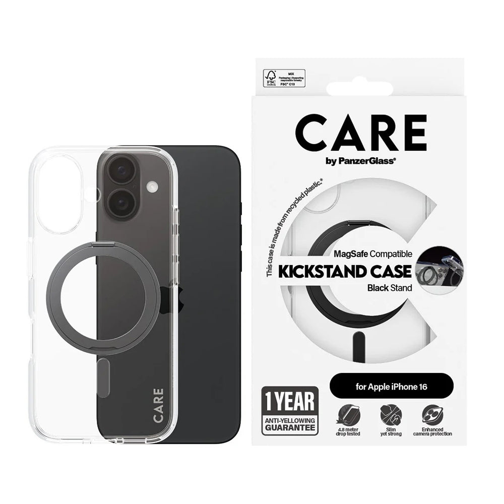 MagSafe Hülle für Apple iPhone 16, PanzerGlass, Care Feature Kickstand, Schwarz Transparent