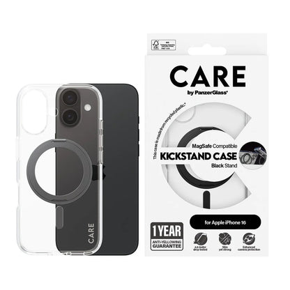 MagSafe Hülle für Apple iPhone 16, PanzerGlass, Care Feature Kickstand, Schwarz Transparent