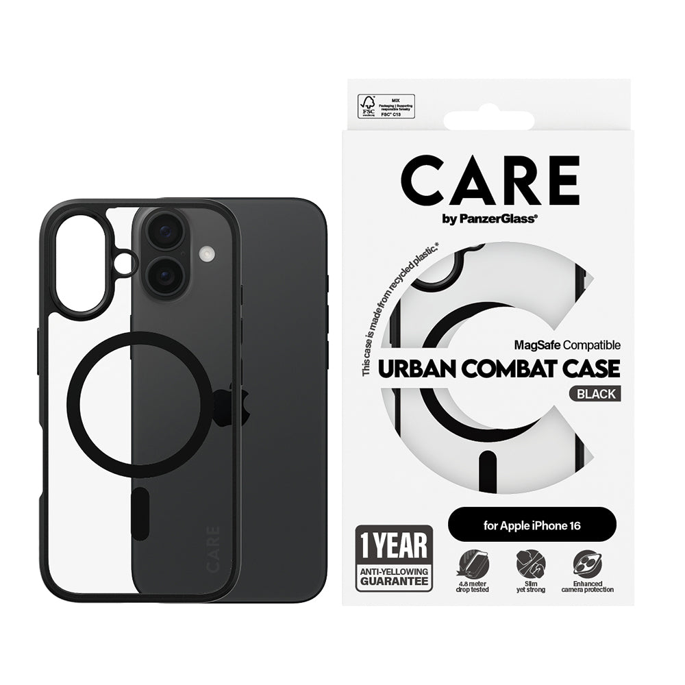 MagSafe Hülle für Apple iPhone 16, PanzerGlass, Care Urban Combat, Schwarz Transparent