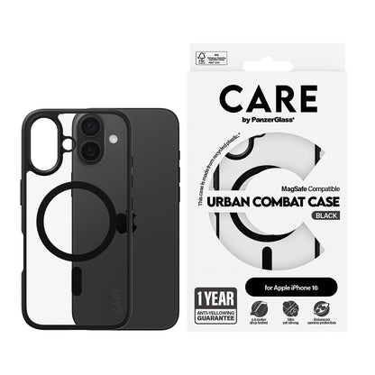 MagSafe Hülle für Apple iPhone 16, PanzerGlass, Care Urban Combat, Schwarz Transparent