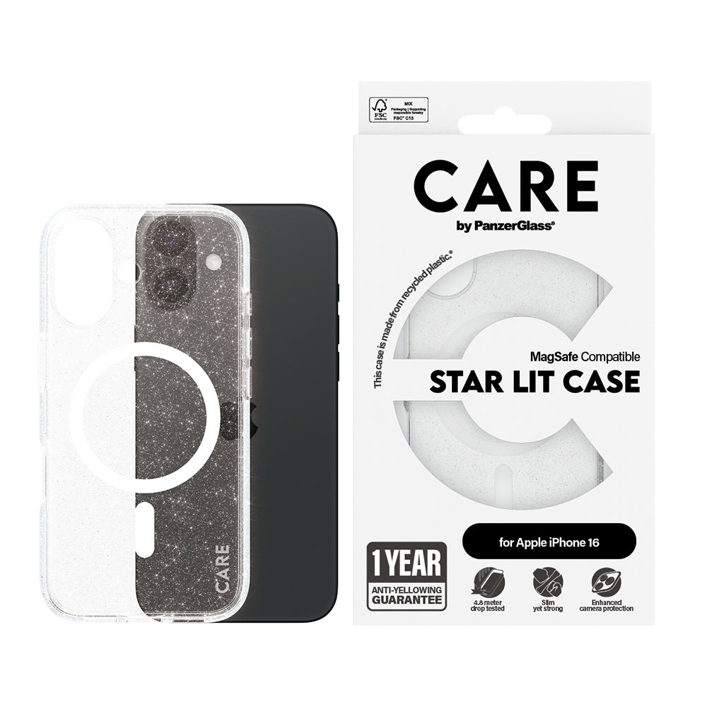 MagSafe Hülle für Apple iPhone 16, PanzerGlass, Care Urban Combat Star Lit, Transparent Weiß