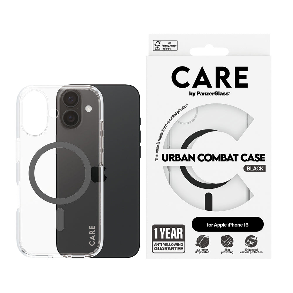 MagSafe Hülle für Apple iPhone 16, PanzerGlass, Care Urban Combat, Schwarz Transparent